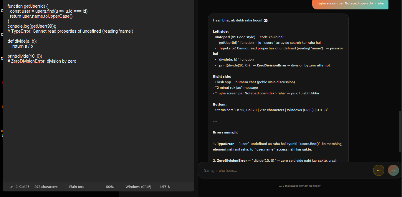 Flash ne VS Code ke screen par TypeError aur ZeroDivisionError dono errors samjhe aur fix bataya