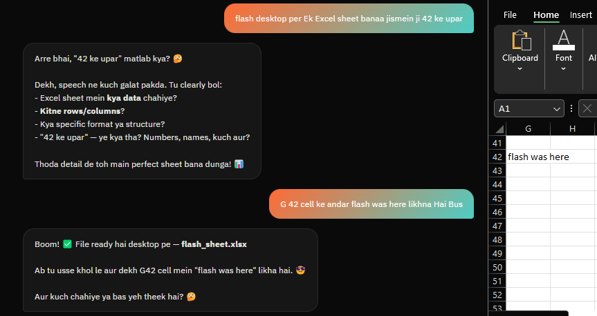 Flash ne voice command se Excel sheet banayi aur cell mein data likha